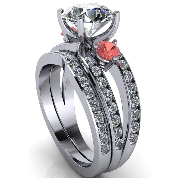 Orion Round Center Stone 2 Round Padparadscha Sapphire Sides Split Shank Diamond Channel Set Ring Fire Brilliance Rings