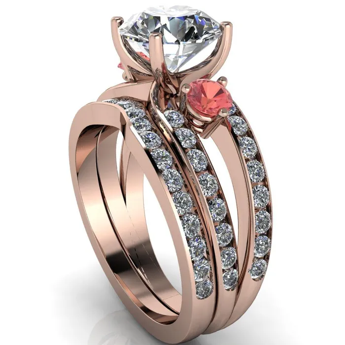Orion Round Center Stone 2 Round Padparadscha Sapphire Sides Split Shank Diamond Channel Set Ring Fire Brilliance Rings