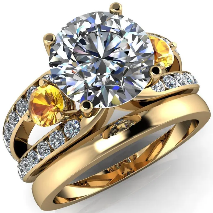 Orion Round Center Stone 2 Round Yellow Sapphire Sides Split Shank Diamond Channel Set Ring Fire Brilliance Rings