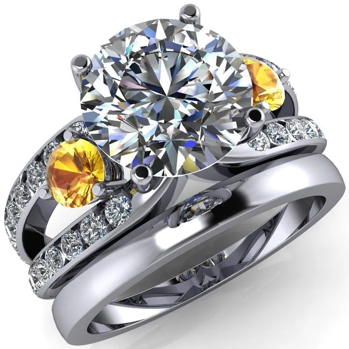 Orion Round Center Stone 2 Round Yellow Sapphire Sides Split Shank Diamond Channel Set Ring Fire Brilliance Rings