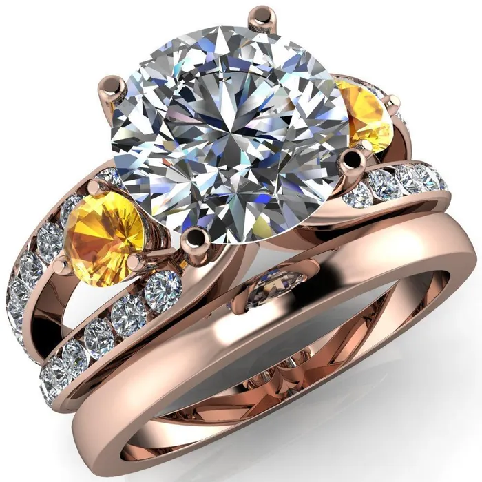 Orion Round Center Stone 2 Round Yellow Sapphire Sides Split Shank Diamond Channel Set Ring Fire Brilliance Rings
