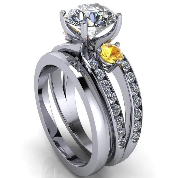 Orion Round Center Stone 2 Round Yellow Sapphire Sides Split Shank Diamond Channel Set Ring Fire Brilliance Rings