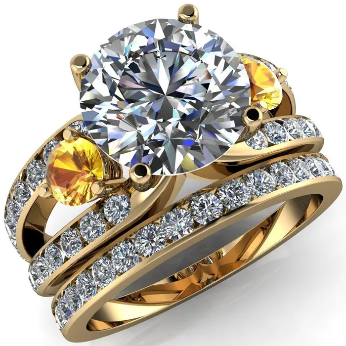 Orion Round Center Stone 2 Round Yellow Sapphire Sides Split Shank Diamond Channel Set Ring Fire Brilliance Rings