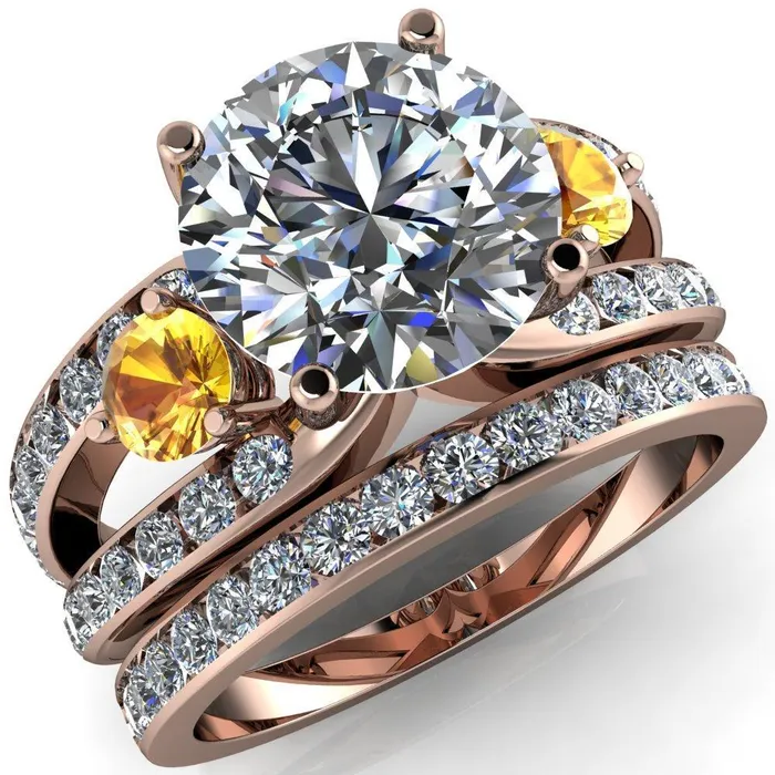 Orion Round Center Stone 2 Round Yellow Sapphire Sides Split Shank Diamond Channel Set Ring Fire Brilliance Rings