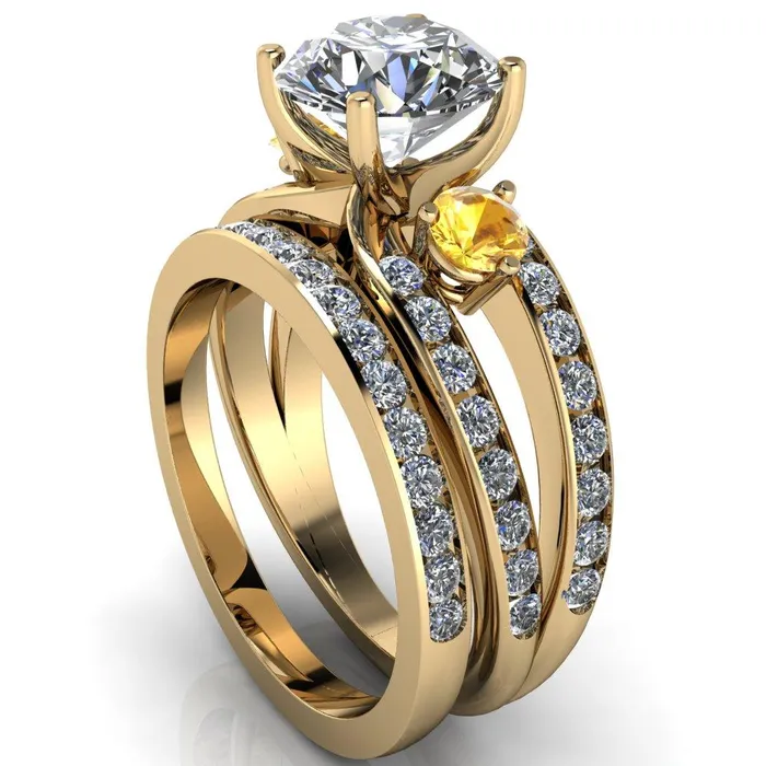 Orion Round Center Stone 2 Round Yellow Sapphire Sides Split Shank Diamond Channel Set Ring Fire Brilliance Rings