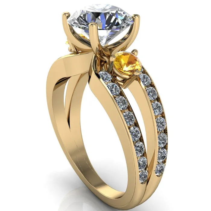 Orion Round Center Stone 2 Round Yellow Sapphire Sides Split Shank Diamond Channel Set Ring Fire Brilliance Rings