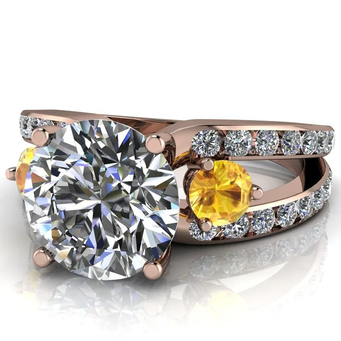 Orion Round Center Stone 2 Round Yellow Sapphire Sides Split Shank Diamond Channel Set Ring Fire Brilliance Rings