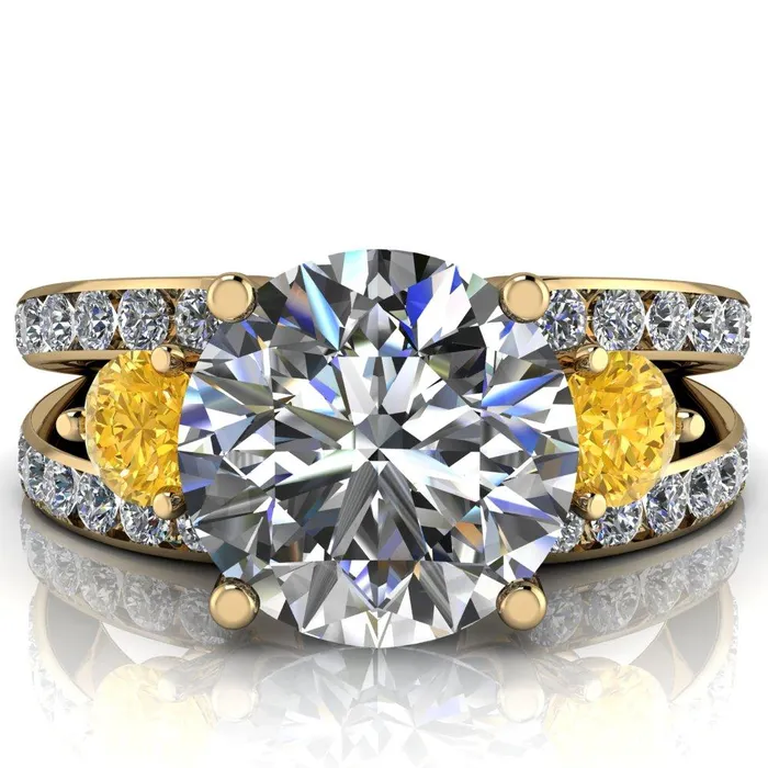 Orion Round Center Stone 2 Round Yellow Sapphire Sides Split Shank Diamond Channel Set Ring Fire Brilliance Rings