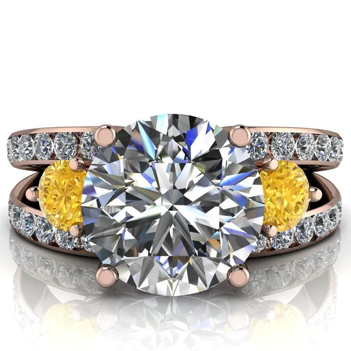 Orion Round Center Stone 2 Round Yellow Sapphire Sides Split Shank Diamond Channel Set Ring Fire Brilliance Rings