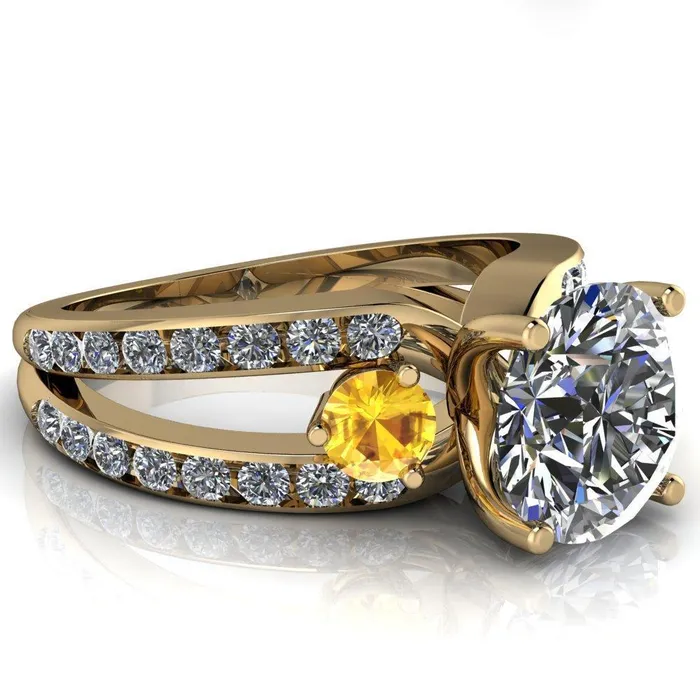 Orion Round Center Stone 2 Round Yellow Sapphire Sides Split Shank Diamond Channel Set Ring Fire Brilliance Rings
