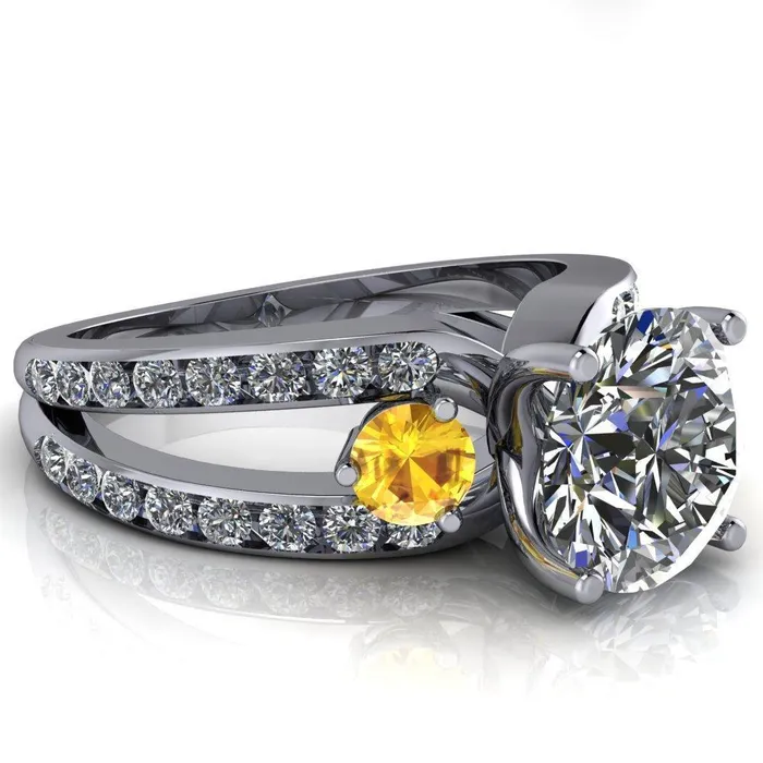 Orion Round Center Stone 2 Round Yellow Sapphire Sides Split Shank Diamond Channel Set Ring Fire Brilliance Rings