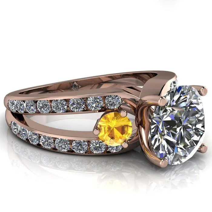 Orion Round Center Stone 2 Round Yellow Sapphire Sides Split Shank Diamond Channel Set Ring Fire Brilliance Rings
