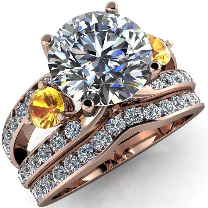 Orion Round Center Stone 2 Round Yellow Sapphire Sides Split Shank Diamond Channel Set Ring Fire Brilliance Rings