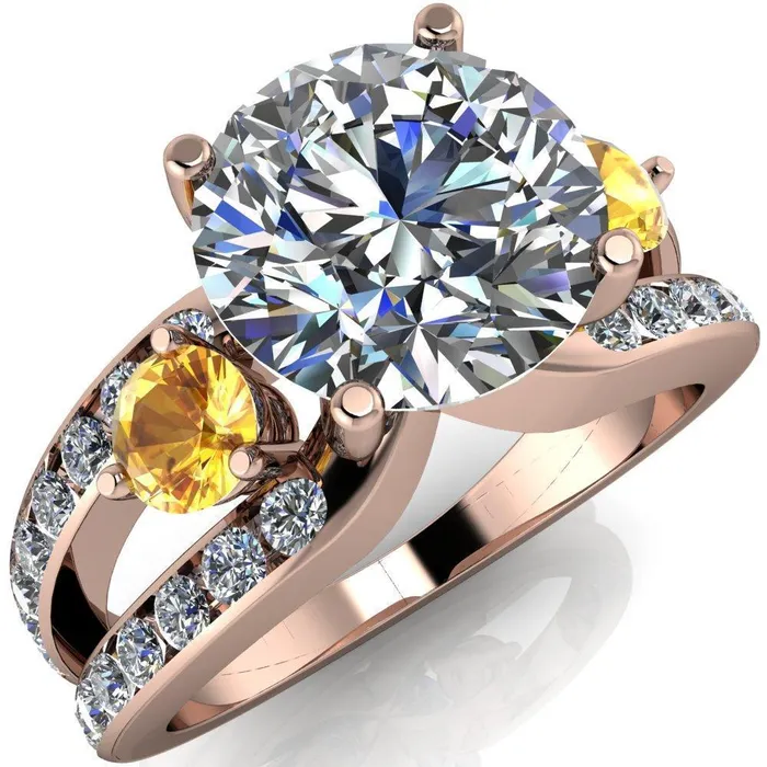 Orion Round Center Stone 2 Round Yellow Sapphire Sides Split Shank Diamond Channel Set Ring Fire Brilliance Rings