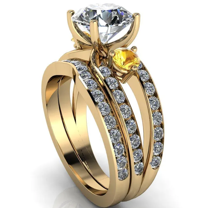 Orion Round Center Stone 2 Round Yellow Sapphire Sides Split Shank Diamond Channel Set Ring Fire Brilliance Rings