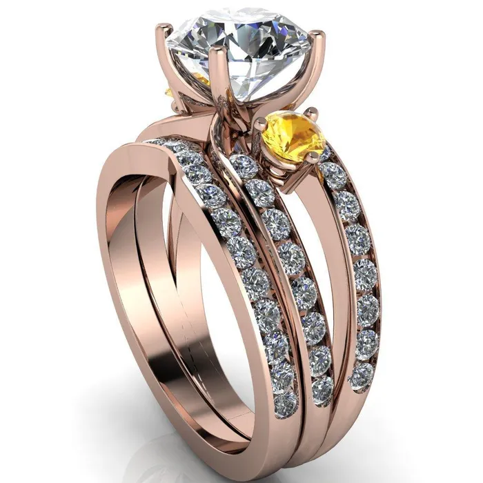 Orion Round Center Stone 2 Round Yellow Sapphire Sides Split Shank Diamond Channel Set Ring Fire Brilliance Rings