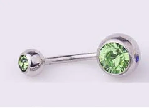 P08 Silver Double Ball Light Green Gemstone Belly Button Ring 02 Rings