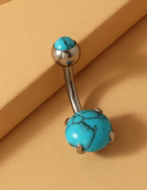 P13 Silver Turquoise Crackle Stone Belly Button Ring 02 Rings