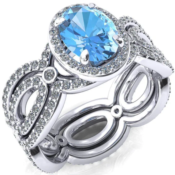 Polaris Oval Aqua Blue Spinel 4 Claw Prongs Diamond Halo Full Eternity Accent Ring Fire Brilliance Rings Polaris Oval Aqua Blue Spinel 4 Claw Prongs Diamond Halo Full Eternity Accent Ring Fire Brilliance Rings
