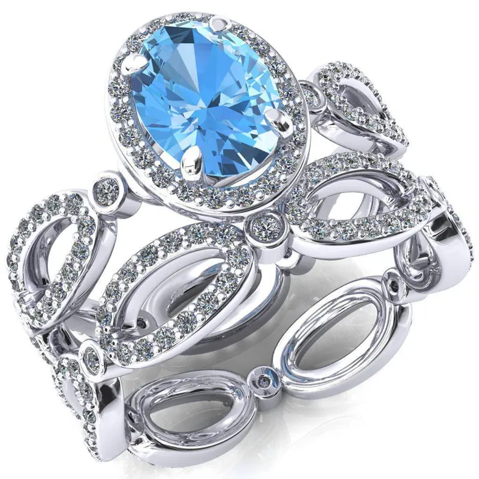Polaris Oval Aqua Blue Spinel 4 Claw Prongs Diamond Halo Full Eternity Accent Ring Fire Brilliance Rings