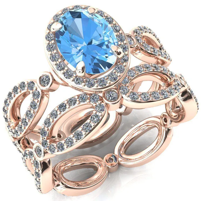 Polaris Oval Aqua Blue Spinel 4 Claw Prongs Diamond Halo Full Eternity Accent Ring Fire Brilliance Rings