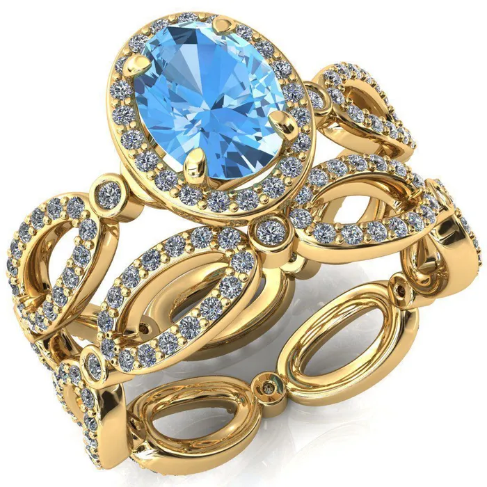Polaris Oval Aqua Blue Spinel 4 Claw Prongs Diamond Halo Full Eternity Accent Ring Fire Brilliance Rings