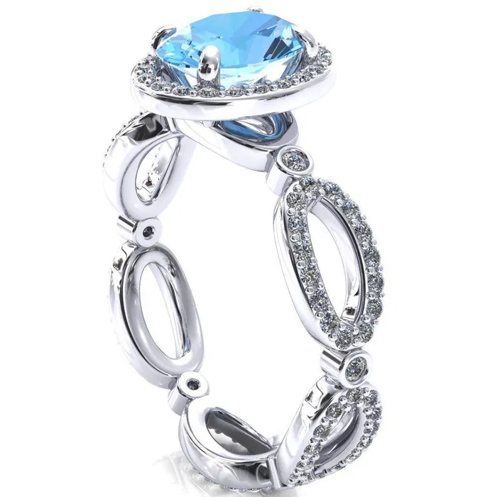 Polaris Oval Aqua Blue Spinel 4 Claw Prongs Diamond Halo Full Eternity Accent Ring Fire Brilliance Rings