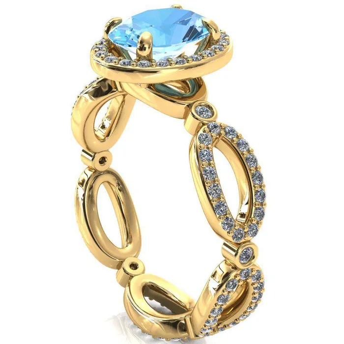 Polaris Oval Aqua Blue Spinel 4 Claw Prongs Diamond Halo Full Eternity Accent Ring Fire Brilliance Rings