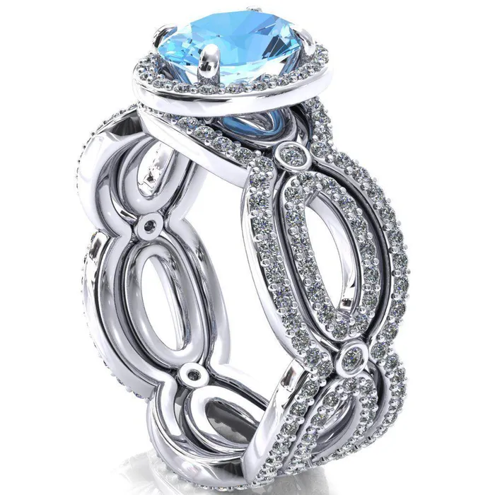 Polaris Oval Aqua Blue Spinel 4 Claw Prongs Diamond Halo Full Eternity Accent Ring Fire Brilliance Rings