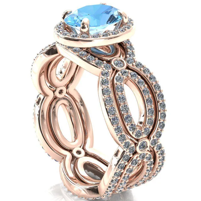 Polaris Oval Aqua Blue Spinel 4 Claw Prongs Diamond Halo Full Eternity Accent Ring Fire Brilliance Rings