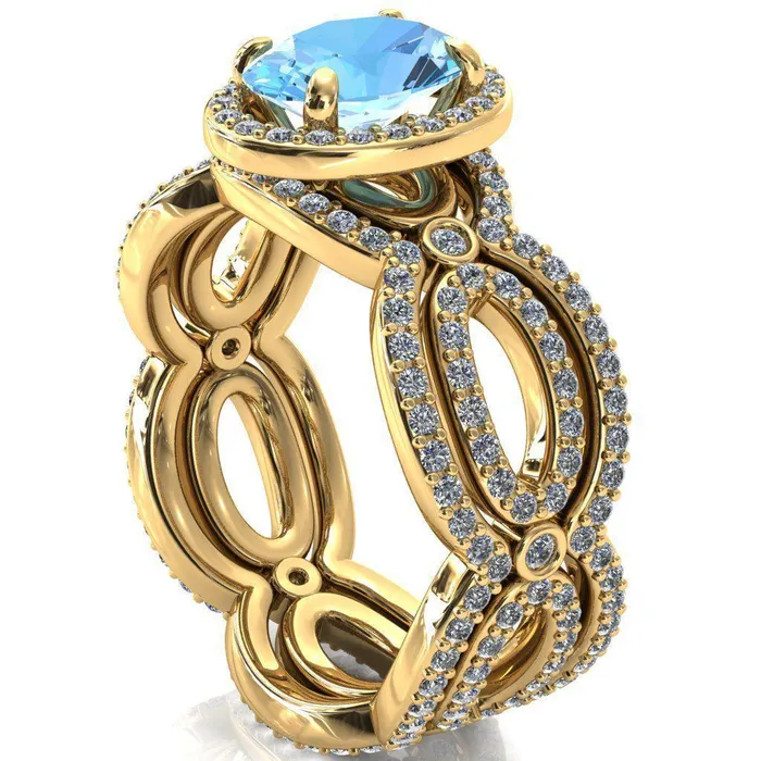 Polaris Oval Aqua Blue Spinel 4 Claw Prongs Diamond Halo Full Eternity Accent Ring Fire Brilliance Rings