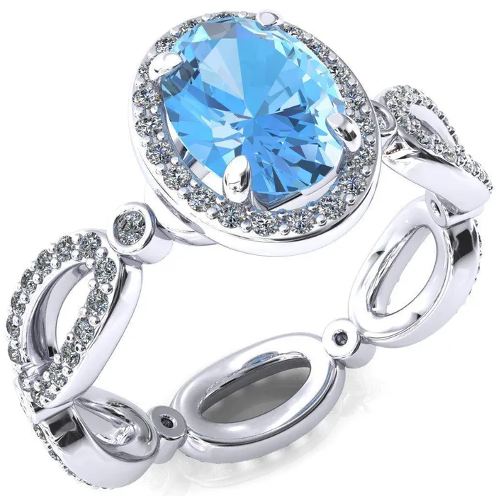 Polaris Oval Aqua Blue Spinel 4 Claw Prongs Diamond Halo Full Eternity Accent Ring Fire Brilliance Rings