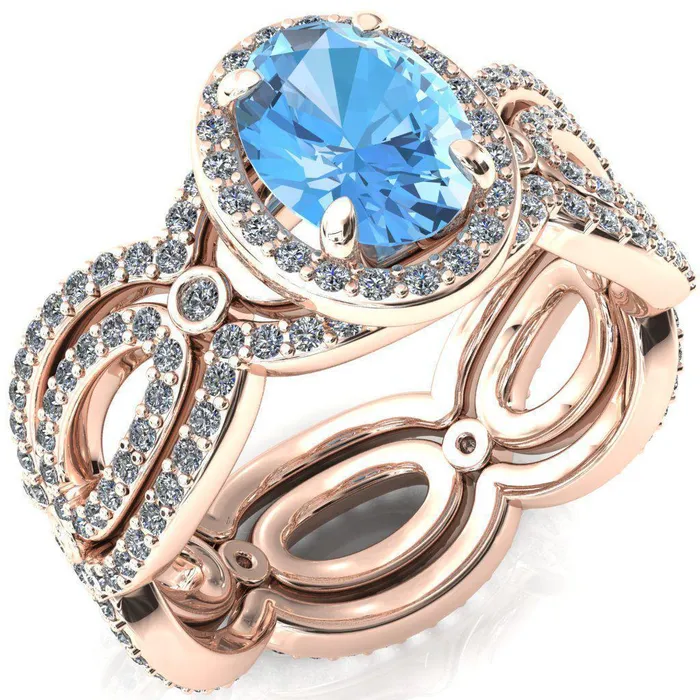 Polaris Oval Aqua Blue Spinel 4 Claw Prongs Diamond Halo Full Eternity Accent Ring Fire Brilliance Rings