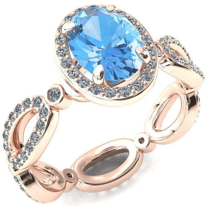 Polaris Oval Aqua Blue Spinel 4 Claw Prongs Diamond Halo Full Eternity Accent Ring Fire Brilliance Rings