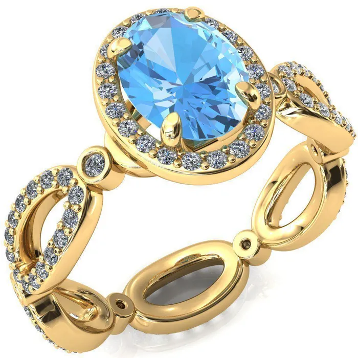 Polaris Oval Aqua Blue Spinel 4 Claw Prongs Diamond Halo Full Eternity Accent Ring Fire Brilliance Rings