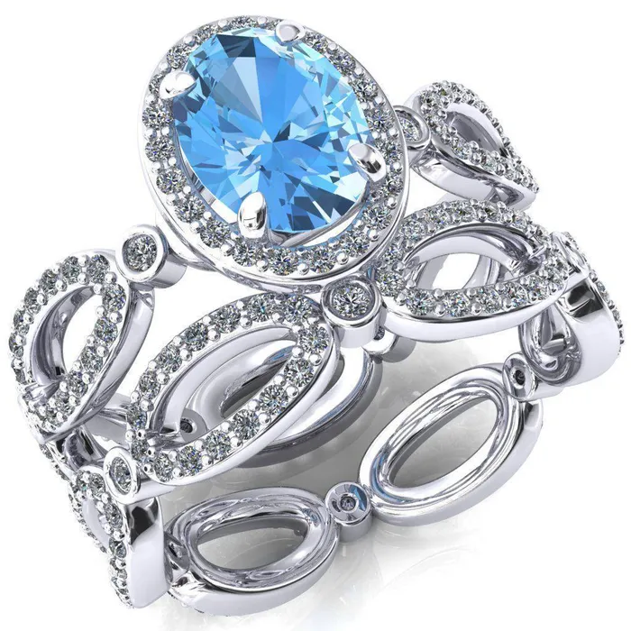 Polaris Oval Aqua Blue Spinel 4 Claw Prongs Diamond Halo Full Eternity Accent Ring Fire Brilliance Rings