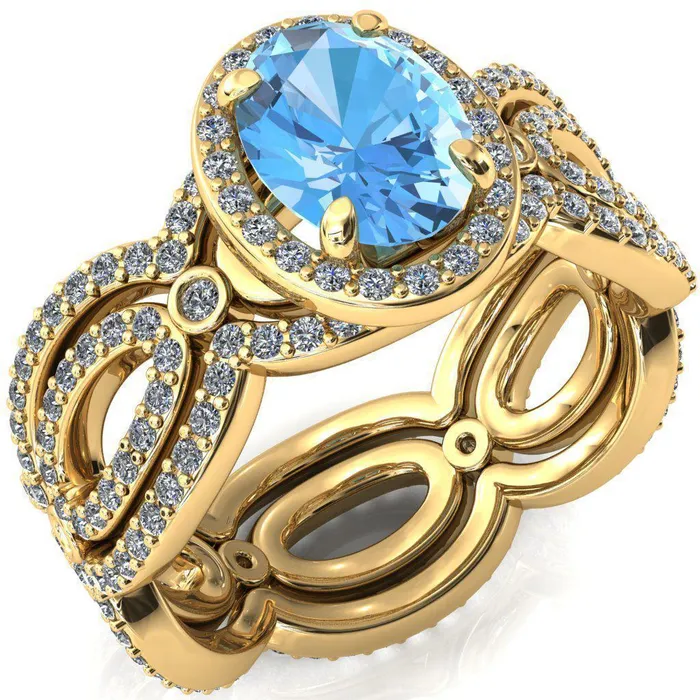 Polaris Oval Aqua Blue Spinel 4 Claw Prongs Diamond Halo Full Eternity Accent Ring Fire Brilliance Rings