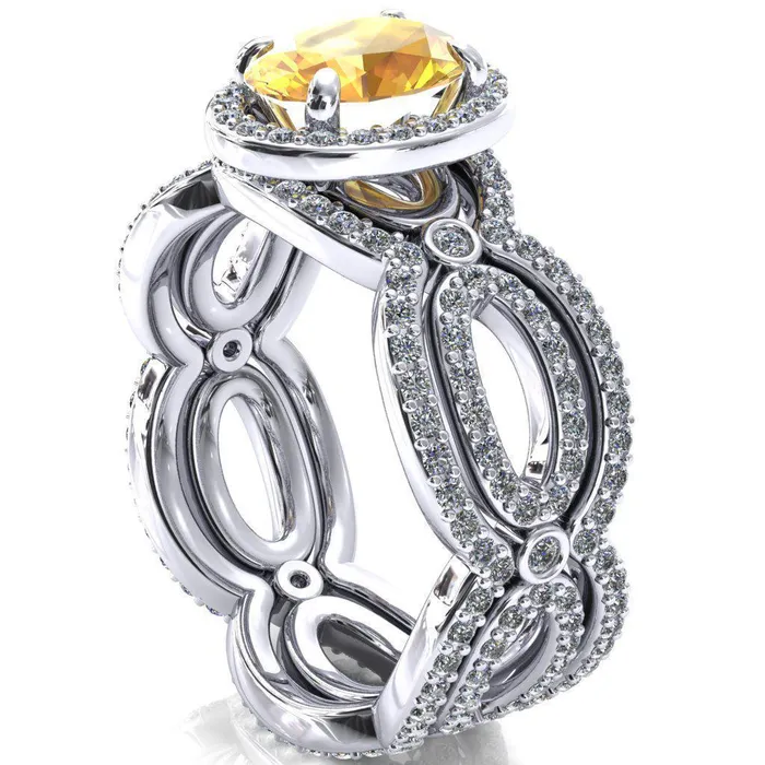 Polaris Oval Yellow Sapphire 4 Claw Prongs Diamond Halo Full Eternity Accent Ring Fire Brilliance Rings