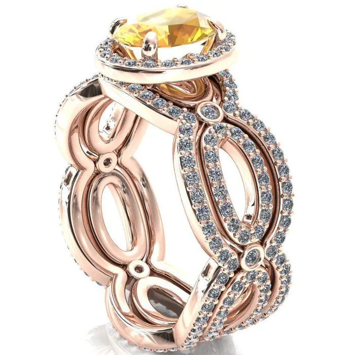 Polaris Oval Yellow Sapphire 4 Claw Prongs Diamond Halo Full Eternity Accent Ring Fire Brilliance Rings