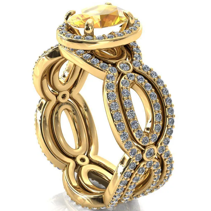 Polaris Oval Yellow Sapphire 4 Claw Prongs Diamond Halo Full Eternity Accent Ring Fire Brilliance Rings