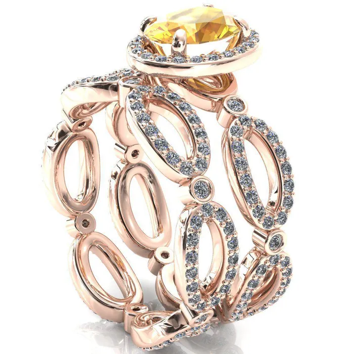 Polaris Oval Yellow Sapphire 4 Claw Prongs Diamond Halo Full Eternity Accent Ring Fire Brilliance Rings