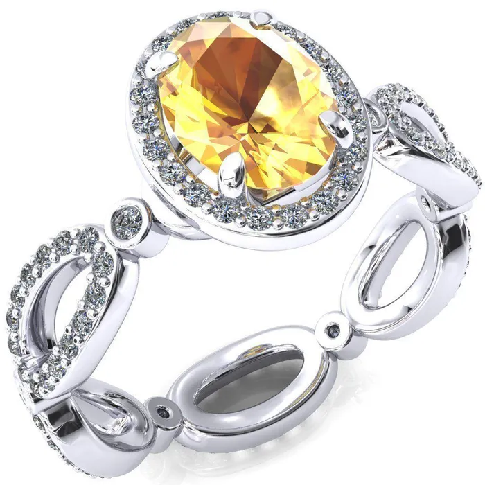 Polaris Oval Yellow Sapphire 4 Claw Prongs Diamond Halo Full Eternity Accent Ring Fire Brilliance Rings