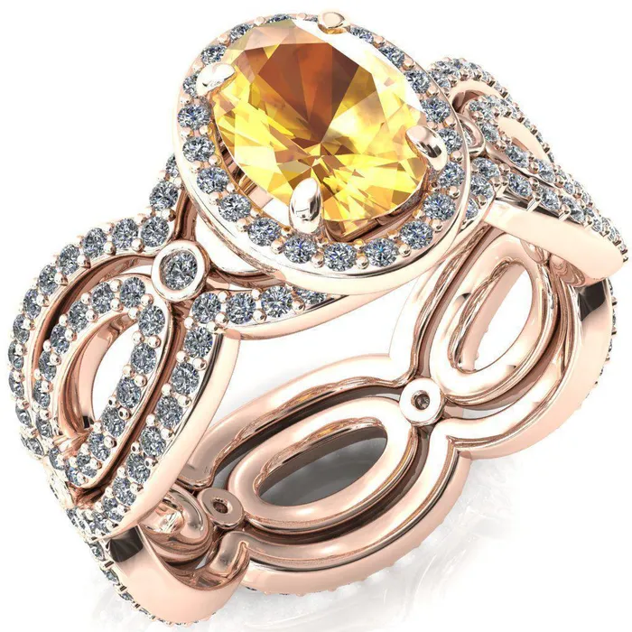 Polaris Oval Yellow Sapphire 4 Claw Prongs Diamond Halo Full Eternity Accent Ring Fire Brilliance Rings