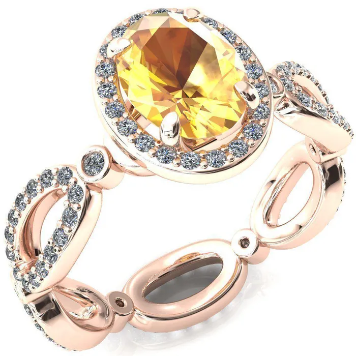 Polaris Oval Yellow Sapphire 4 Claw Prongs Diamond Halo Full Eternity Accent Ring Fire Brilliance Rings