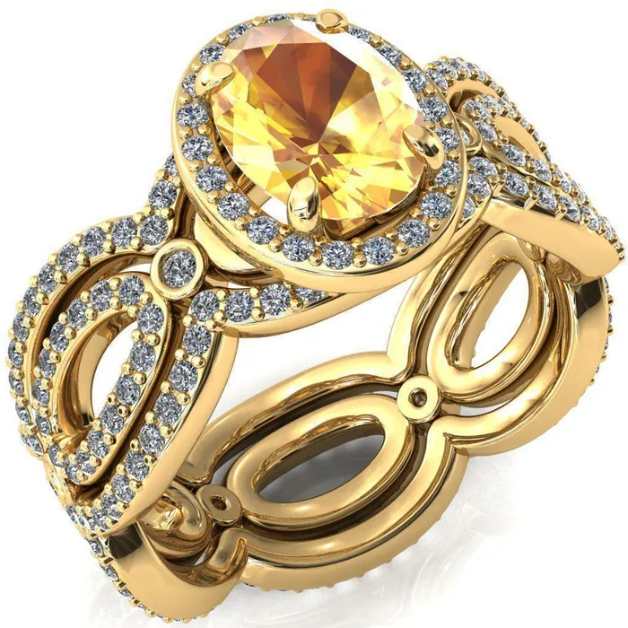 Polaris Oval Yellow Sapphire 4 Claw Prongs Diamond Halo Full Eternity Accent Ring Fire Brilliance Rings