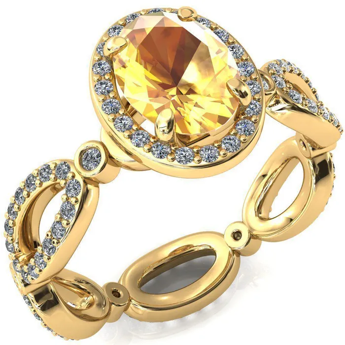 Polaris Oval Yellow Sapphire 4 Claw Prongs Diamond Halo Full Eternity Accent Ring Fire Brilliance Rings