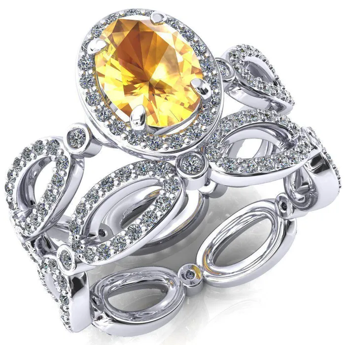 Polaris Oval Yellow Sapphire 4 Claw Prongs Diamond Halo Full Eternity Accent Ring Fire Brilliance Rings