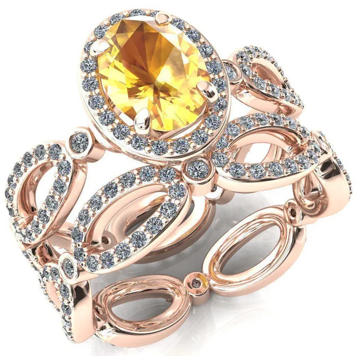 Polaris Oval Yellow Sapphire 4 Claw Prongs Diamond Halo Full Eternity Accent Ring Fire Brilliance Rings