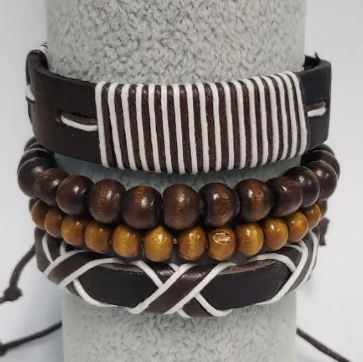 polly Bracelets B196 Brown Leather White Cord Wood Bead Bracelet Set