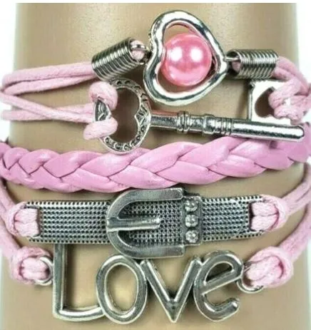 polly Bracelets B893 Pink Love Key Leather Layer Bracelet